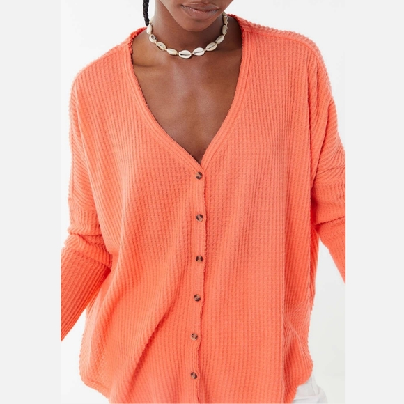 Urban Outfitters Tops - UO Out From Under Coral Pink Waffle Knit Button Front Jojo Thermal Top